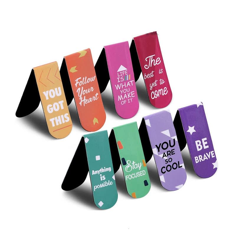 A collection of colourful foldable paper clips featuring inspirational quotes and a branding logo. Foldable Paper Clip Magnetic Bookmark - Image 1