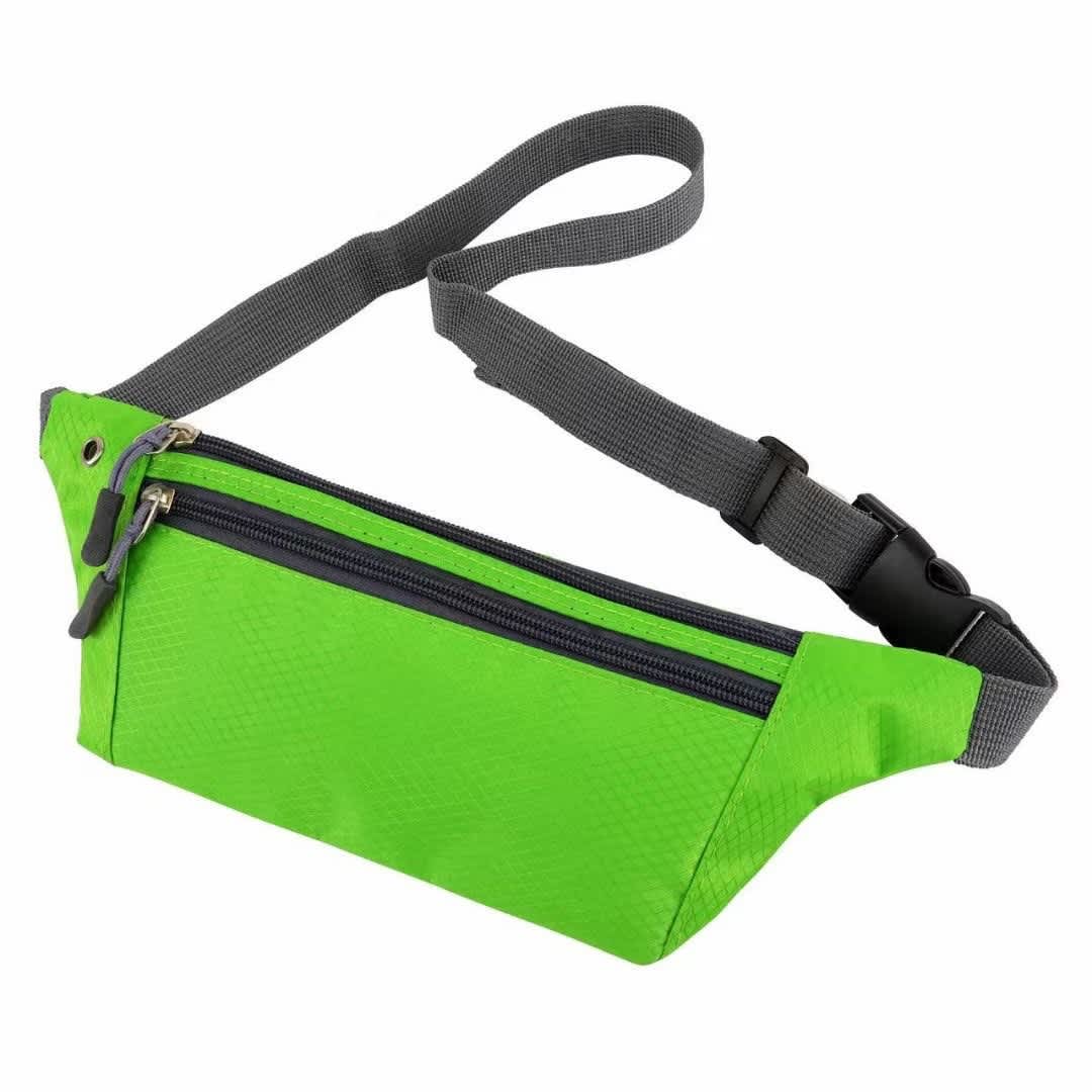 A vibrant green fanny pack with three zippered compartments and an adjustable grey strap. It features a logo. 3-zipper Fanny Pack - Image 1