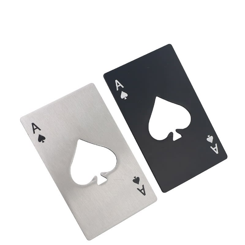 A stainless steel bottle opener shaped like a playing card, featuring a spade design in silver and black. Stainless Steel Poker Shape Credit Card Bottle Opener - Image 1