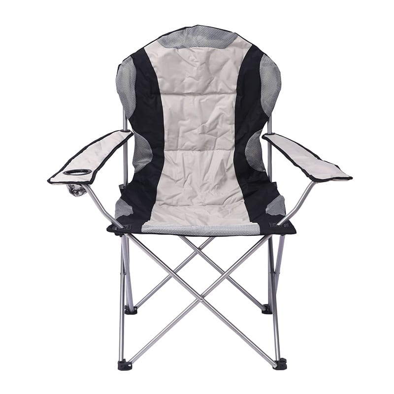 A padded fold-up lounge chair in grey and black with armrests and a logo on the side. Suitable for outdoor use. Go-Everywhere Padded Fold-Up Lounge Chair - Image 1
