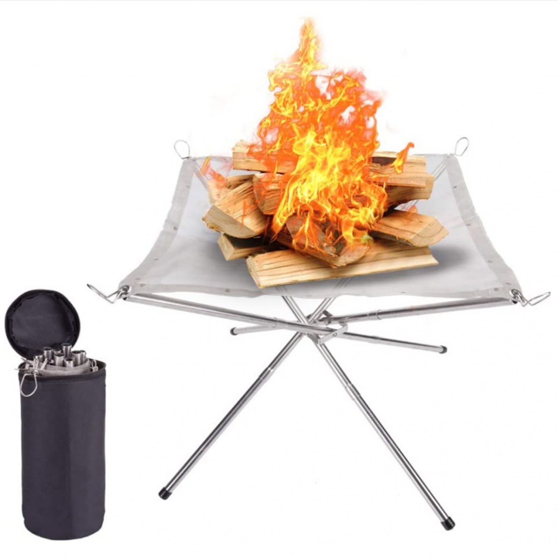A portable fire pit with a silver frame, wood logs on top, and flames, alongside a black carrying case. Portable Fire Pit - Image 1