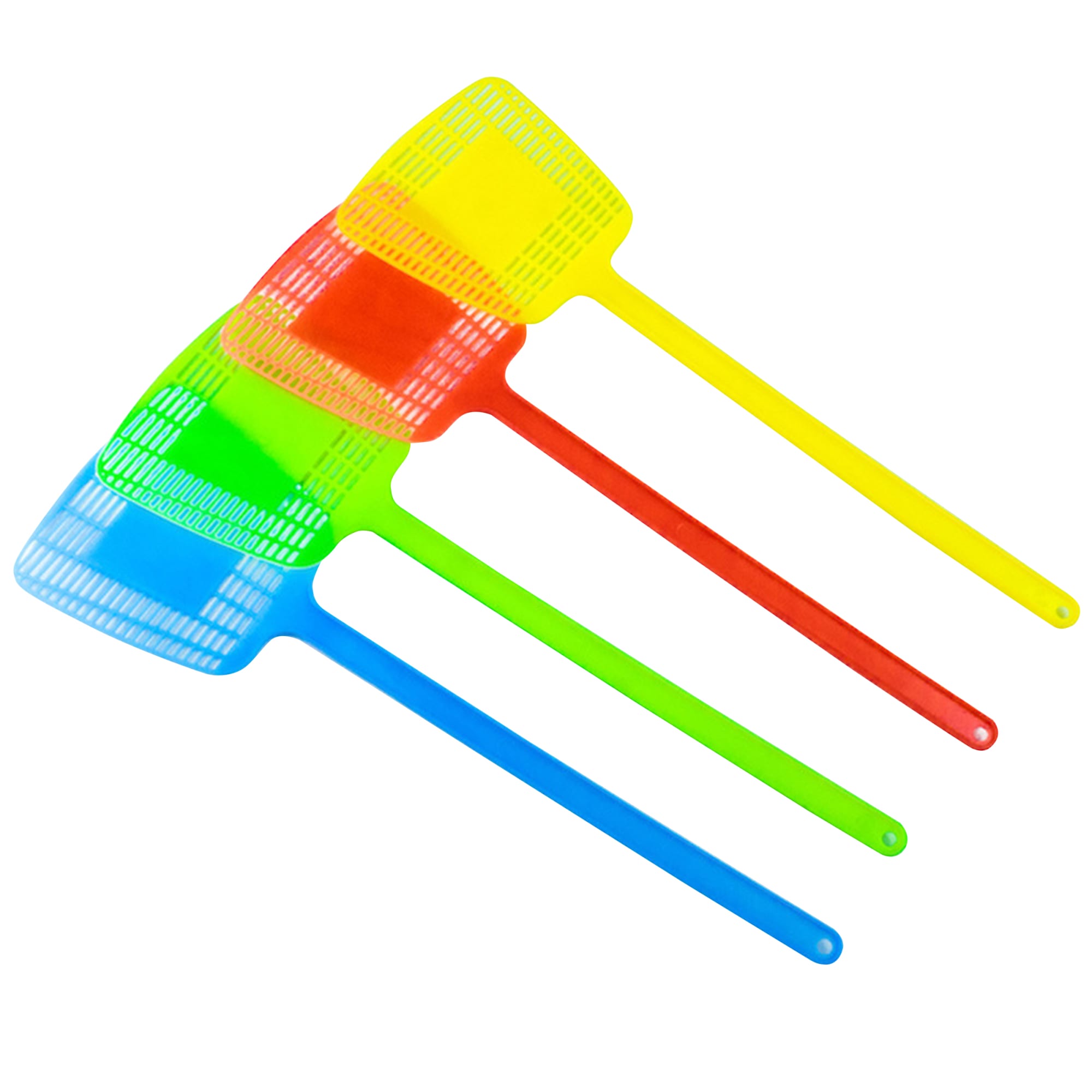 A set of colourful fly swatters in green, yellow, red, and blue, featuring a striped design and long handles. Colorful Fly Swatter - Image 1