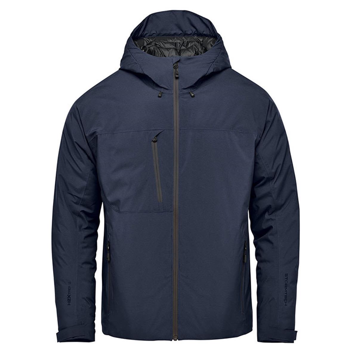 Men's Nostromo Thermal Shell jacket in navy blue, featuring a hood and zippered pockets, with a logo on the front. Men's Nostromo Thermal Shell - Image 1