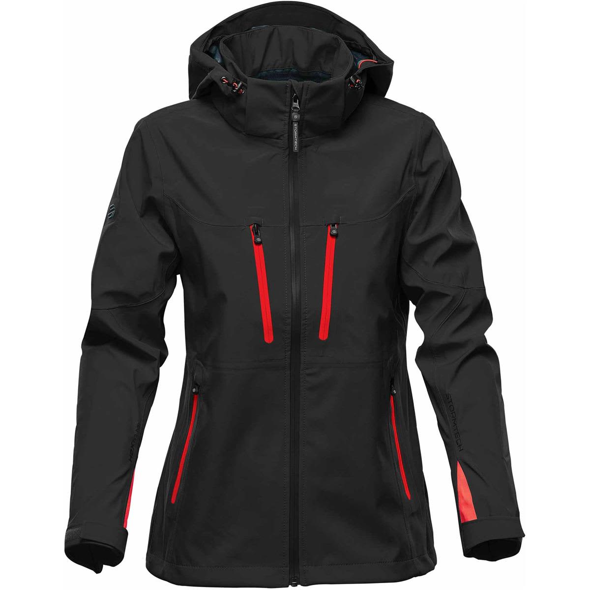 A women's softshell jacket in black with red accents, featuring a hood and two front zip pockets. Women's Patrol Softshell - Image 1