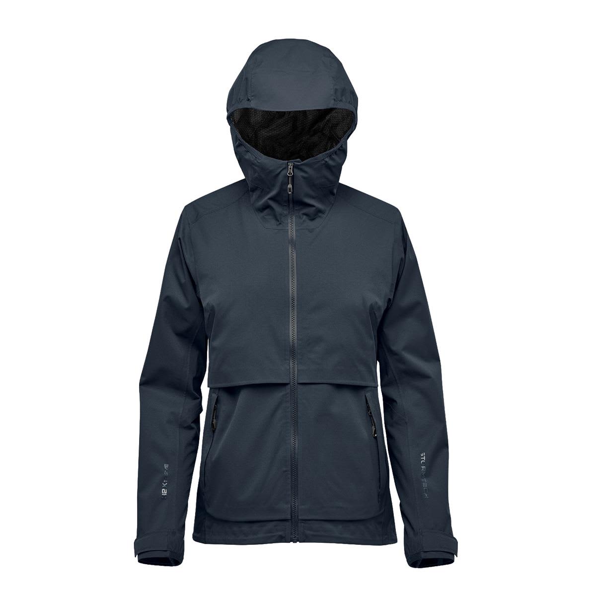 A dark navy women's rain jacket with a hood, featuring a front zip and a logo. Suitable for wet weather. Women's Artimus Technical Shell - Image 1