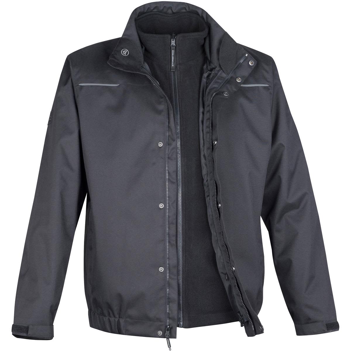 A black 3-in-1 jacket featuring a detachable inner fleece layer and a logo on the sleeve. Men's Polar HD 3-In-1 Jacket - Image 1