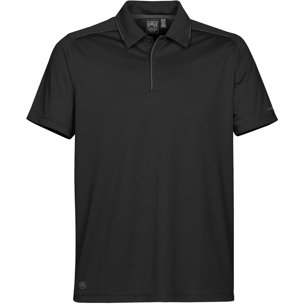 A black Men's Inertia Sport Polo shirt with a collar and a logo. Made from breathable fabric. Men's Inertia Sport Polo - Image 1
