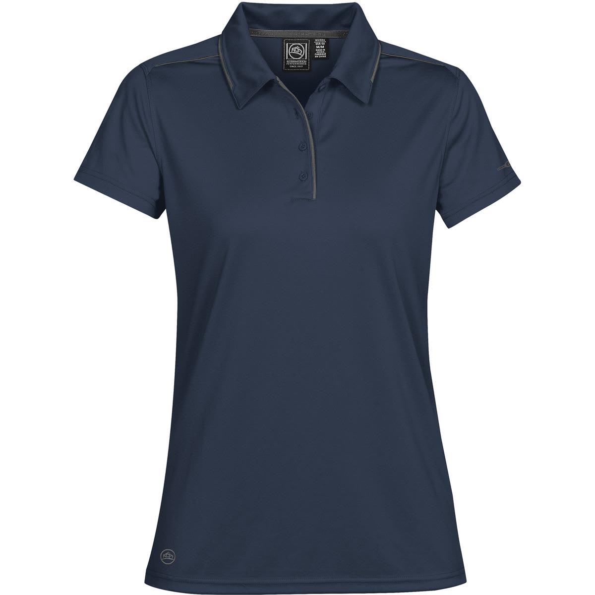 A women's navy sport polo shirt featuring a collar, short sleeves, and a logo on the hem. Women's Inertia Sport Polo - Image 1