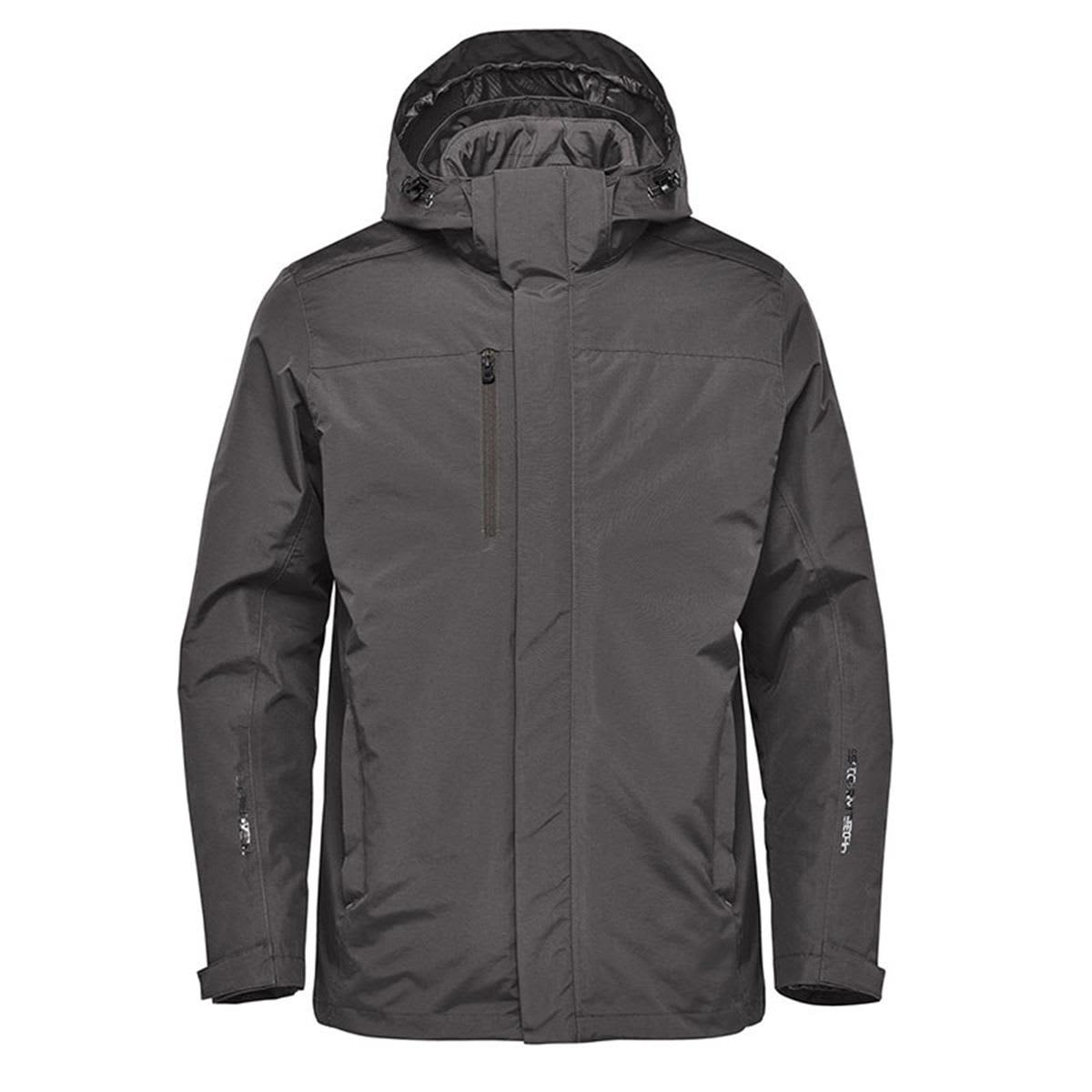 A men's Magellan System jacket in grey featuring a hood and zippered pockets. The jacket has a logo on it. Men's Magellan System Jacket - Image 1