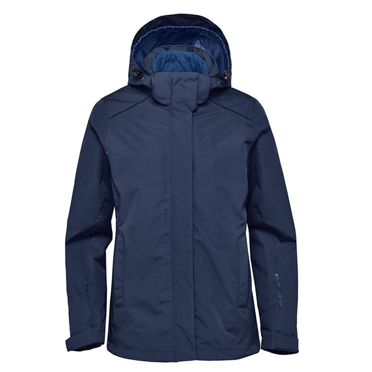 A navy blue women's jacket featuring a hood and an inner lining, with a logo on the exterior. Women's Magellan System Jacket - Image 1