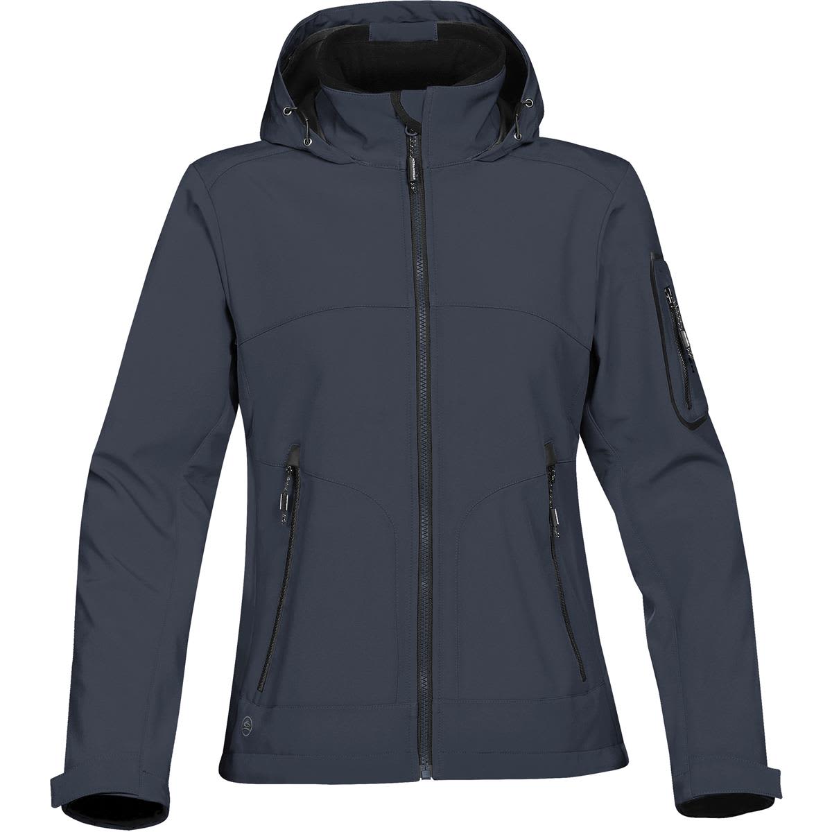 A dark blue women's softshell jacket featuring a zippered front, hood, and multiple pockets. It includes a logo on the sleeve. Women's Cruise Softshell - Image 1