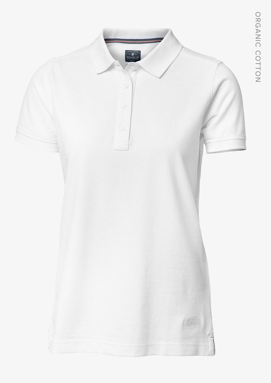 A white women's polo shirt with a collar and short sleeves. It features a logo on the chest. Yale Women Polo Shirt - Image 1