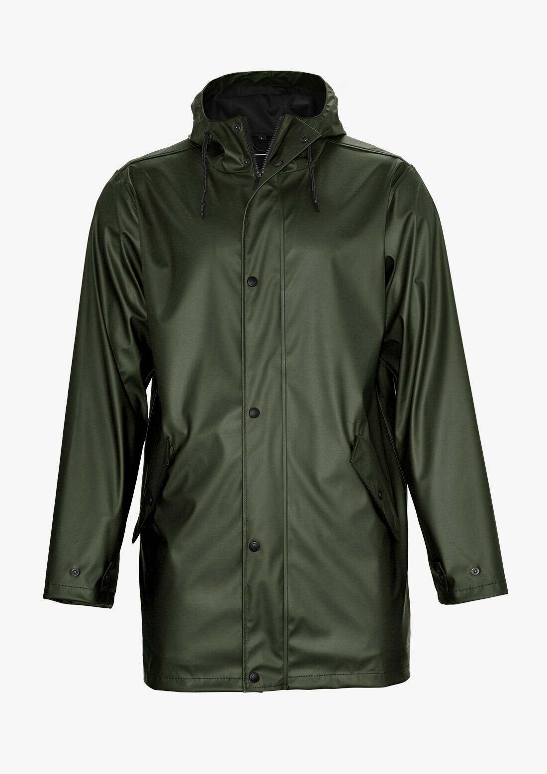 A green unisex jacket featuring a hood, front buttons, and side pockets. It has a smooth, shiny finish and includes a logo. York Unisex Jacket - Image 1