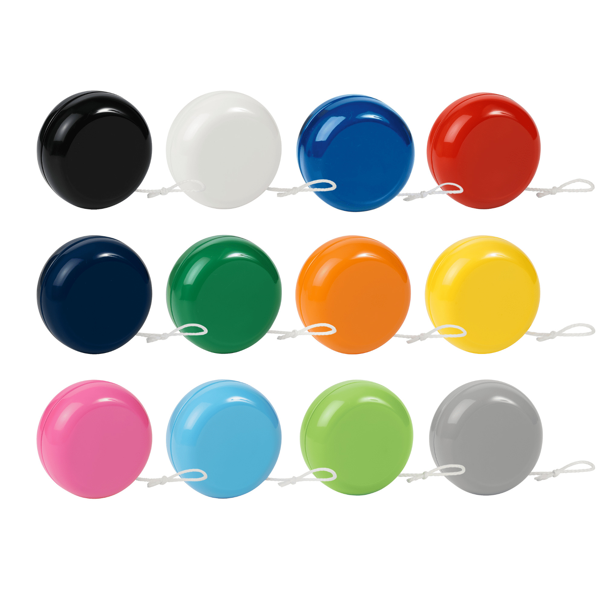 A collection of twelve standard plastic yo-yos in various colours, including black, white, blue, red, green, orange, yellow, pink, light blue, and grey. Each has a loop for attachment. Standard Plastic Yoyo - Image 1