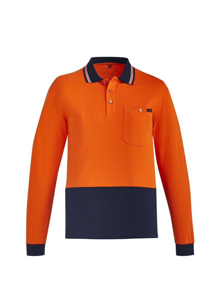 A long sleeve polo shirt in orange with a navy bottom and contrast detailing, featuring a pocket and a logo. Mens Hi Vis Cotton Long Sleeve Polo - Image 1