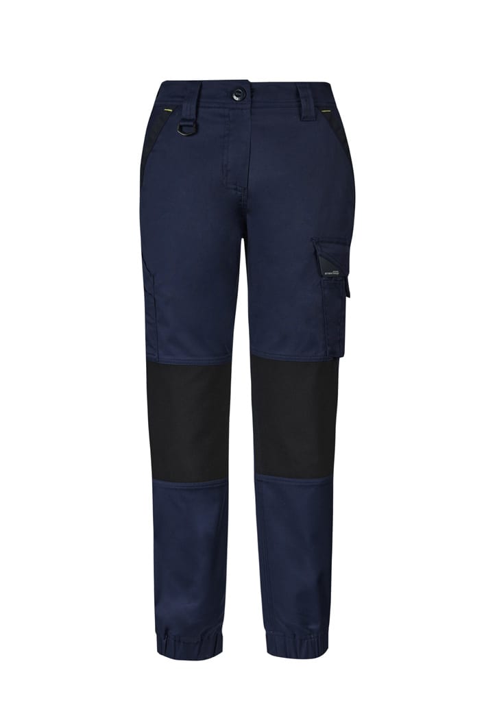 A pair of navy women's work pants with black panels and a side cargo pocket, featuring a brand logo. Womens Streetworx Tough Pant - Image 1