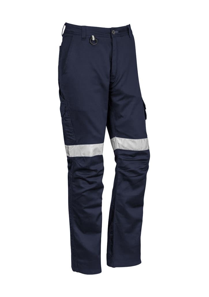 Navy work pants featuring a reflective stripe and multiple pockets, designed for rugged use. Includes branding. Mens Rugged Cooling Taped Pant (Stout) - Image 1