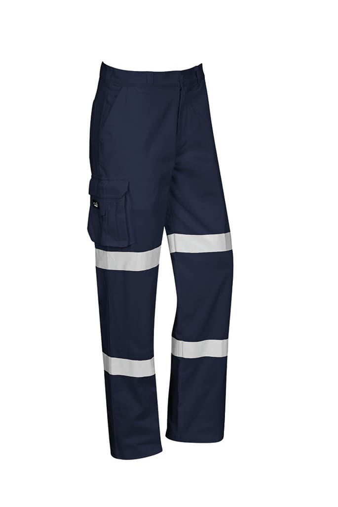 Men's navy work pants featuring reflective stripes and cargo pocket, designed for durability and visibility. Mens Bio Motion Taped Pant (Stout) - Image 1