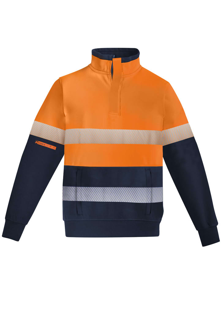 Men's hi-vis pullover featuring an orange upper and navy lower with hoop-taped reflective stripes and a zip. Mens Orange Flame Hi Vis 1/4 Zip Pullover - Hoop Taped - Image 1