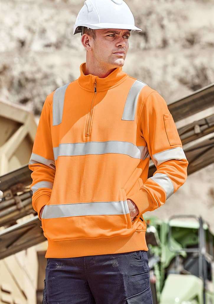 Unisex hi-vis pullover in bright orange, featuring reflective strips and a quarter zip. Includes a logo on the sleeve. Unisex Hi Vis VIC Rail 1/4 Zip Pullover - Image 1