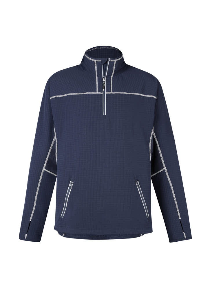 A dark navy mid-layer jacket with a half-zipper and contrasting white stitching, featuring two front pockets and a logo. Mens Streetworx Stretch Mid-Layer - Image 1