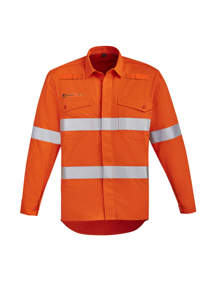 An orange hi-vis open front shirt featuring hoop tape with long sleeves and two chest pockets. Mens Orange Flame Hi Vis Open Front Shirt - Hoop Taped - Image 1