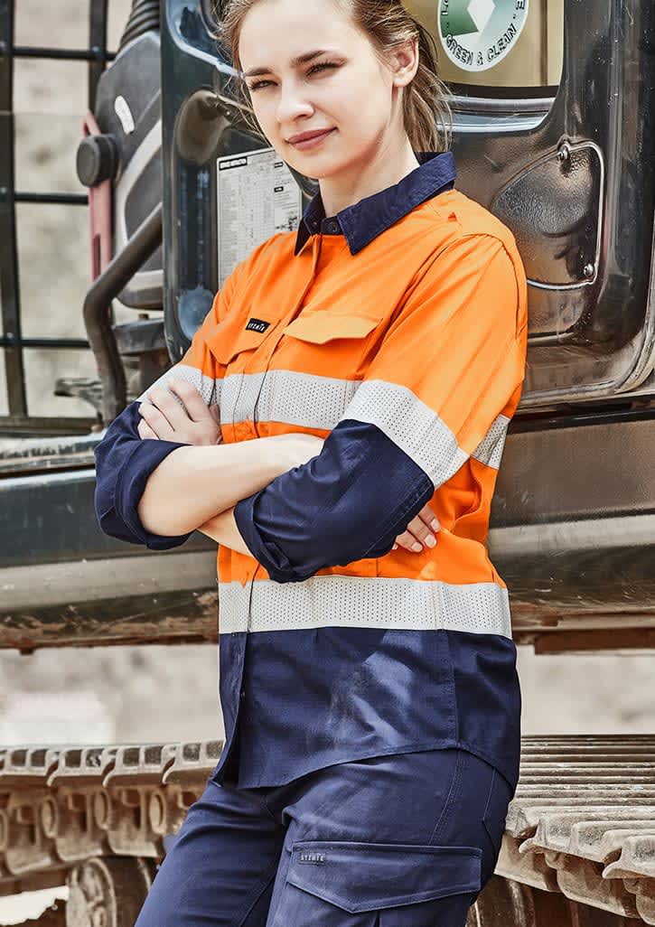 A long sleeve women's work shirt in high visibility orange and navy, featuring reflective tape and a logo. Womens Rugged Cooling Hi Vis Taped Long Sleeve Shirt - Image 1