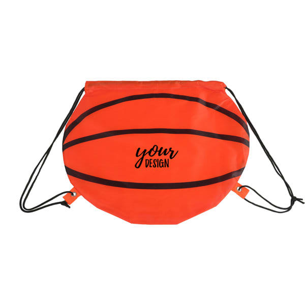 A basketball-shaped drawstring backpack in bright orange, featuring black stripe details and a branding logo. Basketball Shaped Drawstring Backpack - Image 1