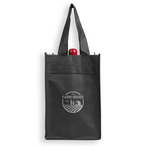 A non-woven black tote bag designed to hold four wine bottles, featuring a logo on the front. Non Woven 4 Bottle Wine Tote Bag - Image 1