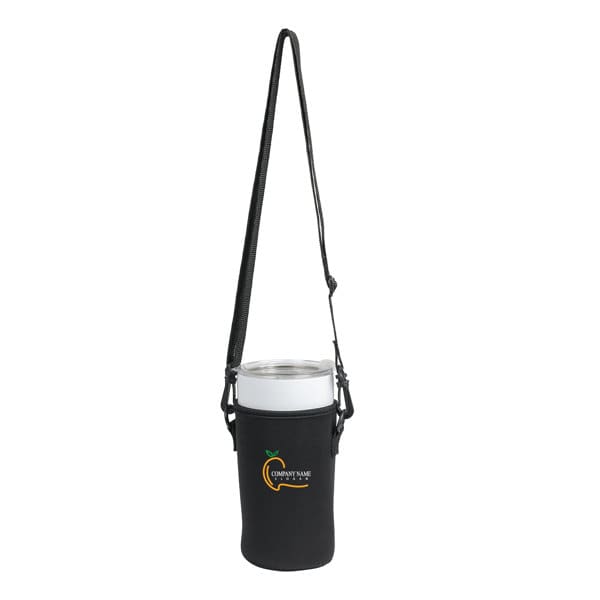A drink bottle holder in black neoprene with a strap, designed to fit a 27 oz. bottle, featuring a logo. 27 oz. Neoprene Bottle Holder With Strap - Image 1