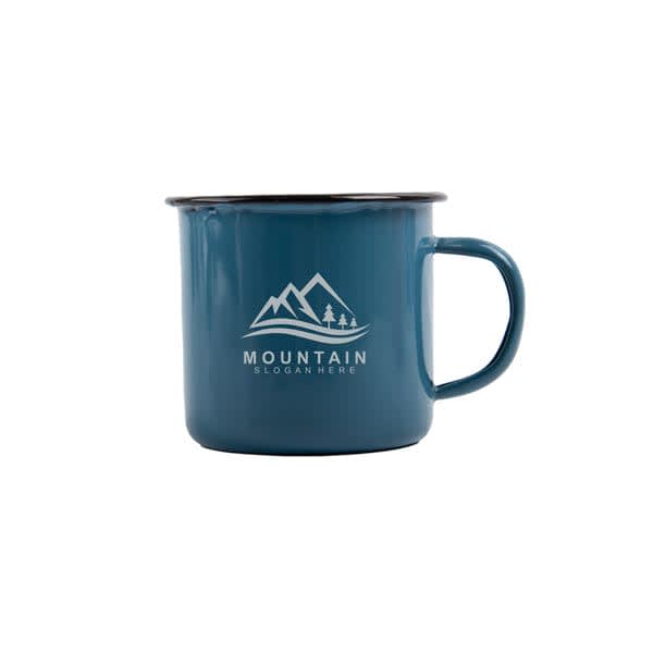 A teal enamel mug with a black rim and a logo featuring mountains and trees. Custom 5 oz. Enamel Mug - Image 1