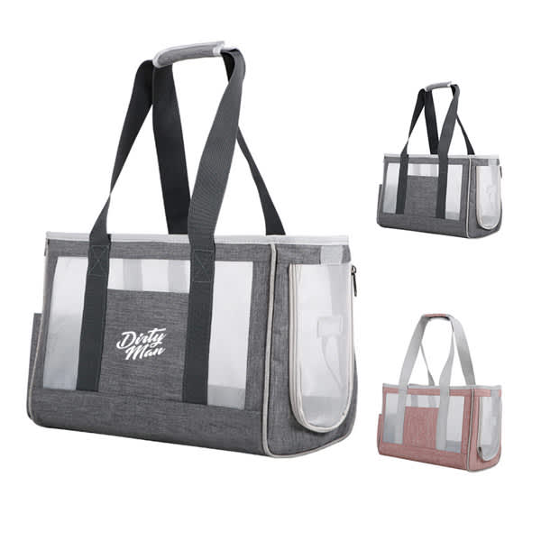 A grey and red mesh pet travel carrier bag with transparent panels and sturdy straps. Includes branding on the front. Mesh Pet Travel Carrier Bag - Image 1