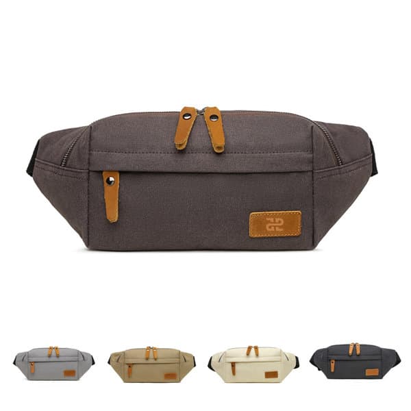 A unisex canvas fanny pack in grey with leather accents, featuring multiple pockets and a logo. Available in various colours. Unisex Canvas Fanny Pack - Image 1