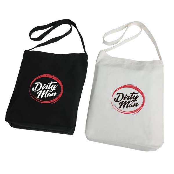 A canvas messenger tote bag with a long strap, available in black and white, featuring a logo on each bag. 12 oz. Canvas Messenger Tote Bag with Long Strap - Image 1