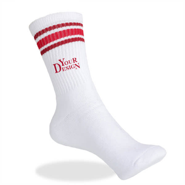 Custom stripe crew sock in white with red stripes and a logo on the side. Custom Stripe Crew Socks - Image 1
