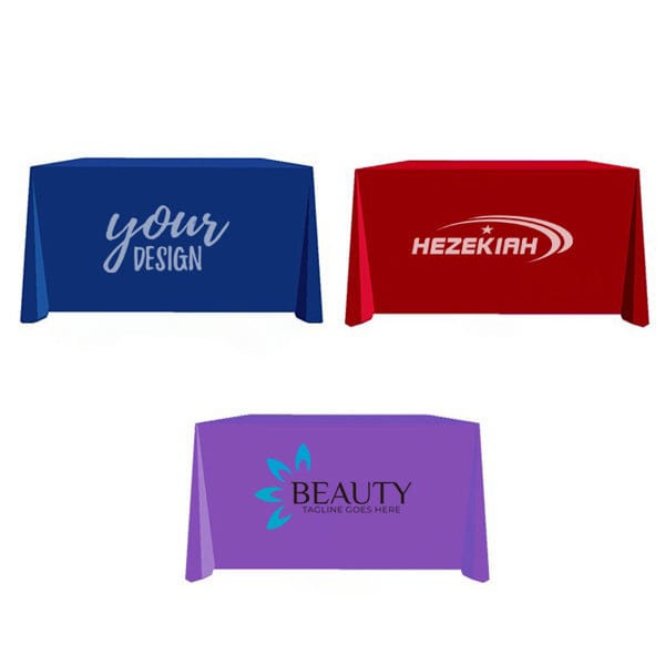 Three promotional table covers in blue, red, and purple, each featuring distinct logos and designs. Promotional Advertising Table Cloth - Image 1