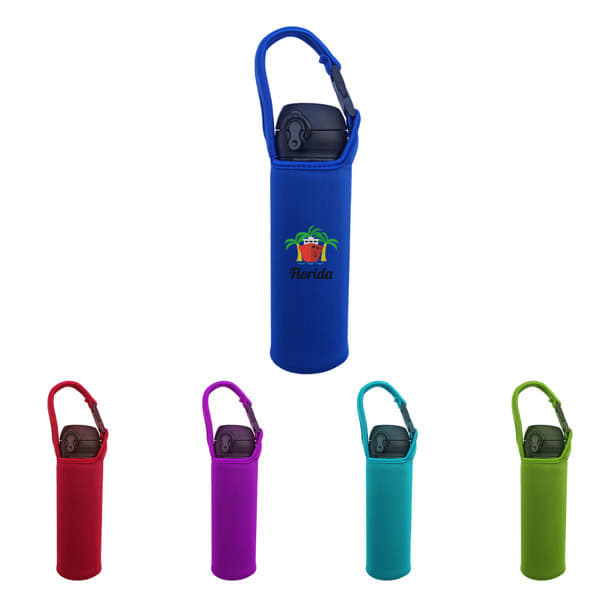 A drink bottle in a blue neoprene sleeve with a rope, surrounded by sleeves in purple, red, and green. Features a logo. Neoprene Bottle Sleeve With Rope - Image 1