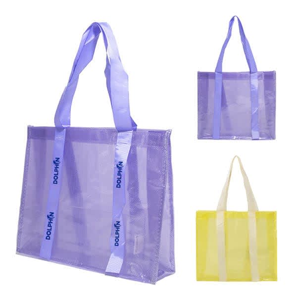 A purple and yellow transparent tote bag with long handles, featuring a logo on the straps. Custom Transparent PP Laminated Tote Bag - Image 1