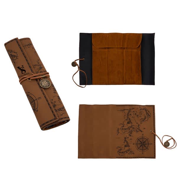 A PU leather roll-up pencil case in brown, featuring a decorative tie and an interior pocket. Includes a logo. PU Leather Roll Up Pencil Case - Image 1