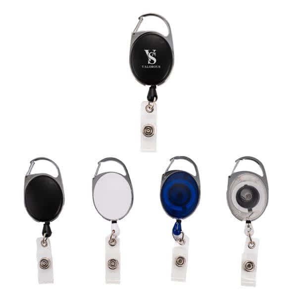 A collection of retractable carabiner style badge reels in black, white, blue, and clear, featuring a logo on some. Retractable Carabiner Style Badge Reel - Image 1