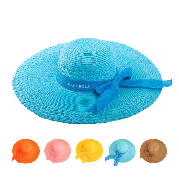 A wide-brimmed straw hat in turquoise with a blue bow. Additional hats in orange, pink, yellow, and brown are displayed. Floppy Straw Hat With Bow, Wide Brim - Image 1