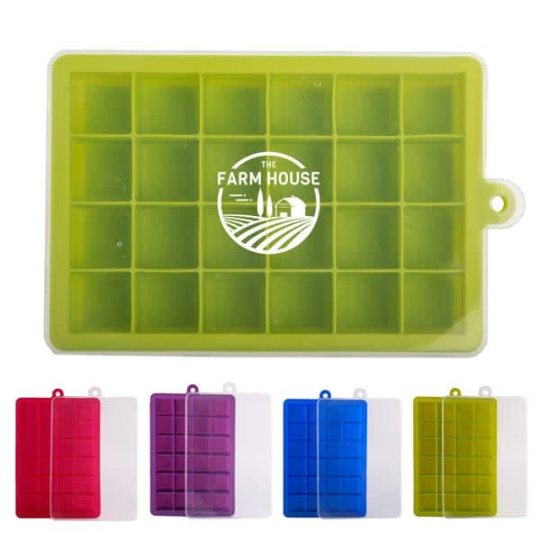 A silicone ice cube tray with 24 grids, a lid, and assorted colours including green, pink, purple, and blue. Features a logo. 24 Grids Silicone Ice Cube Tray With Lid - Image 1
