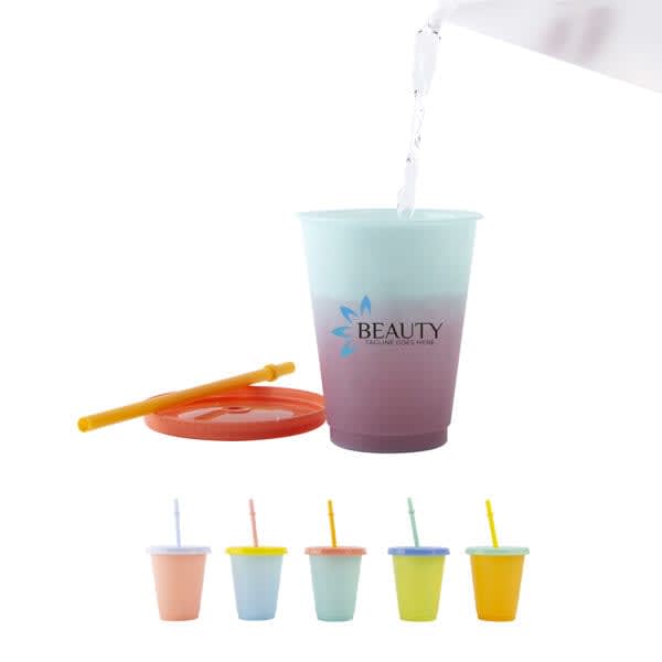 A drink cup set featuring a colour changing 16 oz. cup, a straw, and a lid in multiple pastel colours, with a logo. 16 oz. Color Changing Cup With Straw Set - Image 1