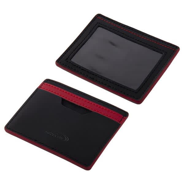 A leather ID card case in black with red accents, featuring a transparent window and a pocket for cards. Leather ID Card Case - Image 1