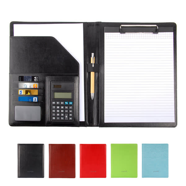 A4 faux leather padfolio with clipboards in black, featuring a calculator, pen, and assorted stationery. Available in multiple colours. A4 Faux Leather Padfolio With Clipboards - Image 1