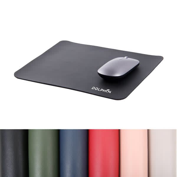 A black customizable mouse pad with a grey mouse on top, accompanied by swatches of various colours below. Customizable Mouse Pad - Image 1