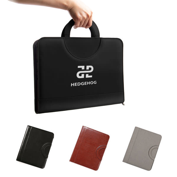 A black PU leather zippered conference folder with a handle, featuring three additional folder colour options: black, brown, and grey. A4 PU Leather Zippered Conference Folder With Handle - Image 1