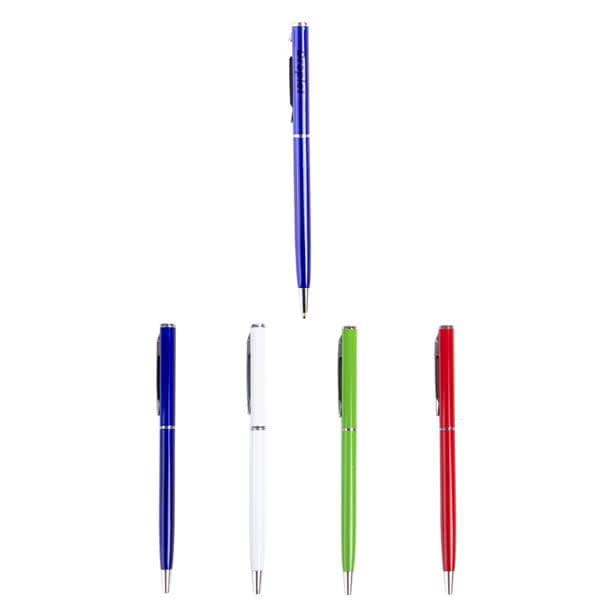 A collection of five metal ballpoint pens in blue, green, red, white, and black, featuring a logo. Promotional Hotel Rotating Metal Ballpoint Pen - Image 1