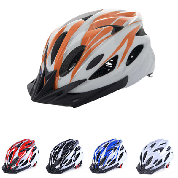 An adjustable CE certified cycling helmet in grey with orange accents, alongside options in red, black, white, and blue. Adjustable CE Certified Cycling Helmet - Image 1