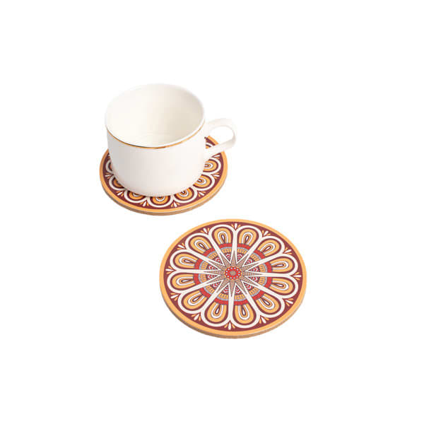 A drink bottle rests on a personalised round cork coaster featuring a vibrant mandala design in red and orange tones. Personalized Round Cork Coaster - Image 1